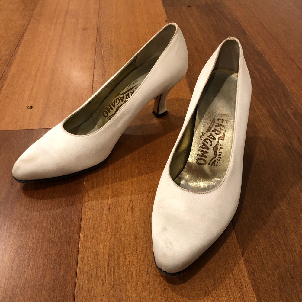 Salvatore Ferragamo white satin  heels